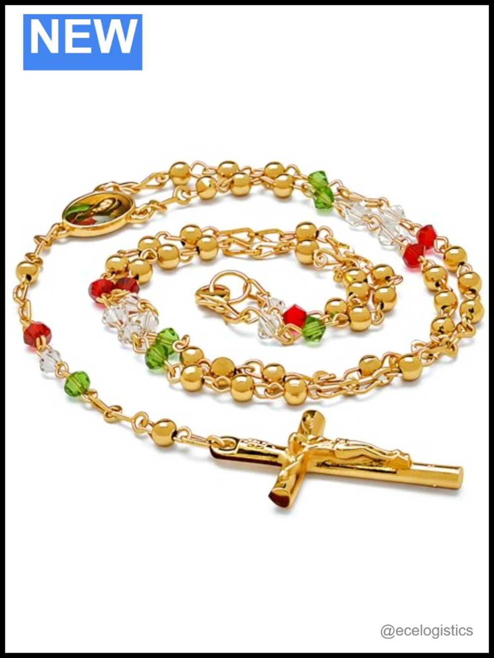 Rosary Crucifix Necklace 24K Real Gold Plated Crystal Prayer Beads